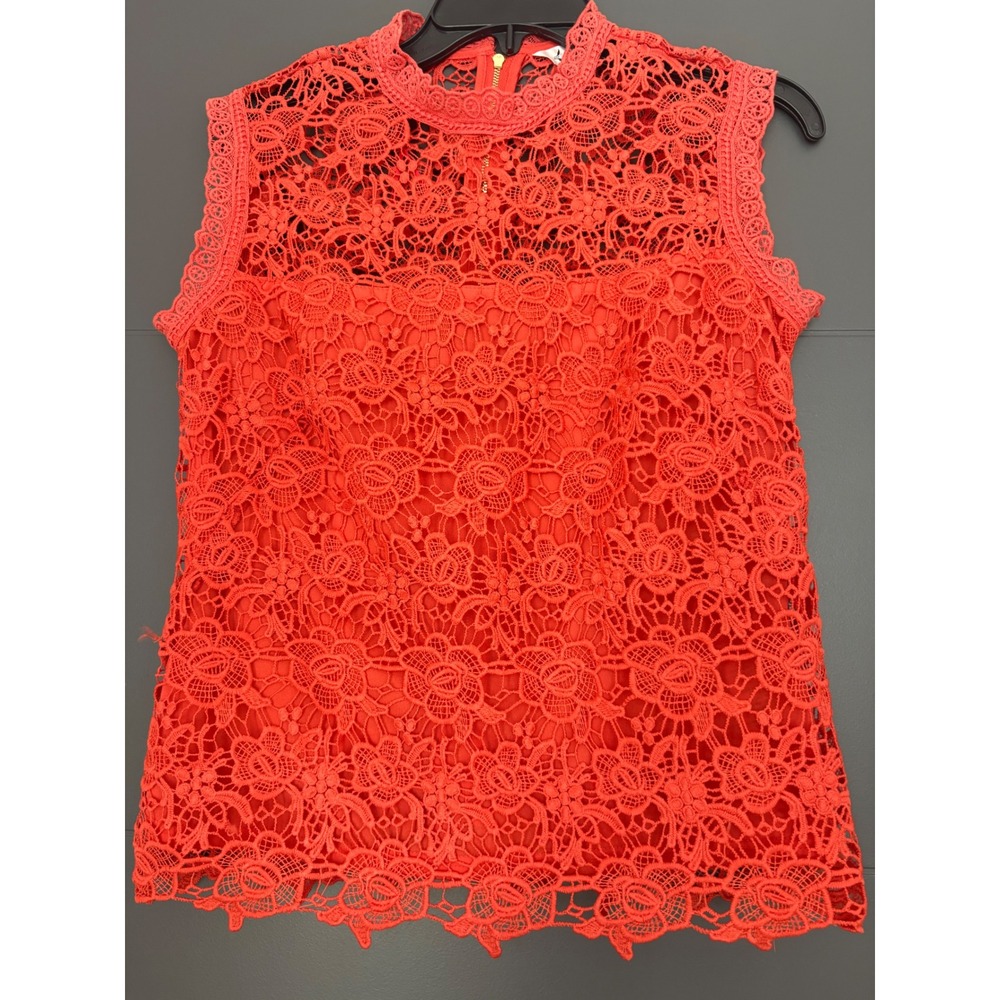 Nanette Lepore Women Coral Floral Lace Sleeveless Mock Neck Top‎ Gold Zipper S